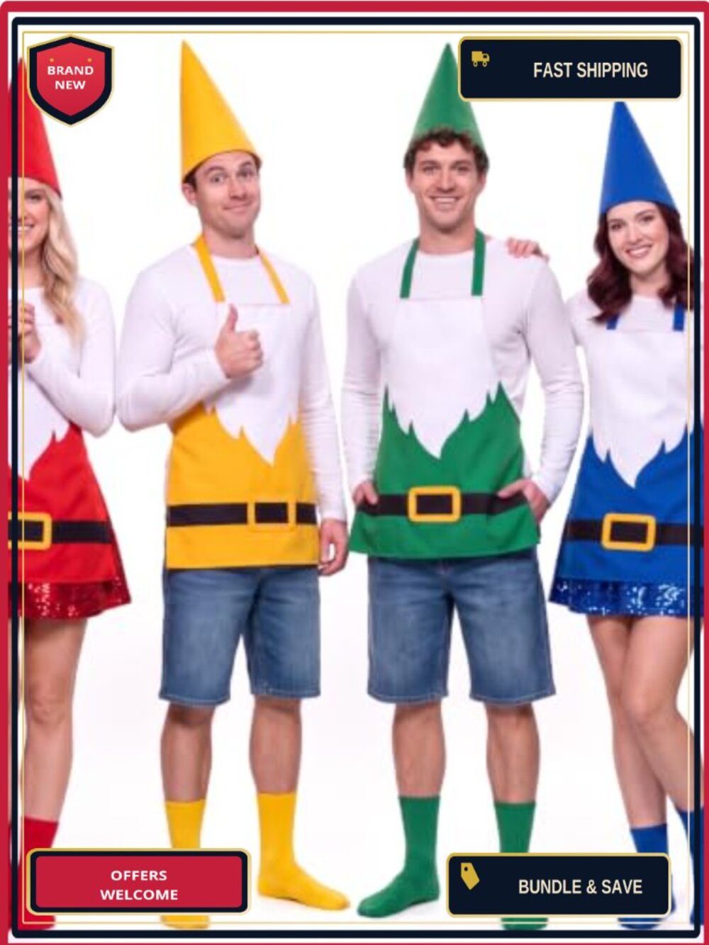 Gnome Costume Set 4 Aprons Cone Hats Socks Adult Halloween Party